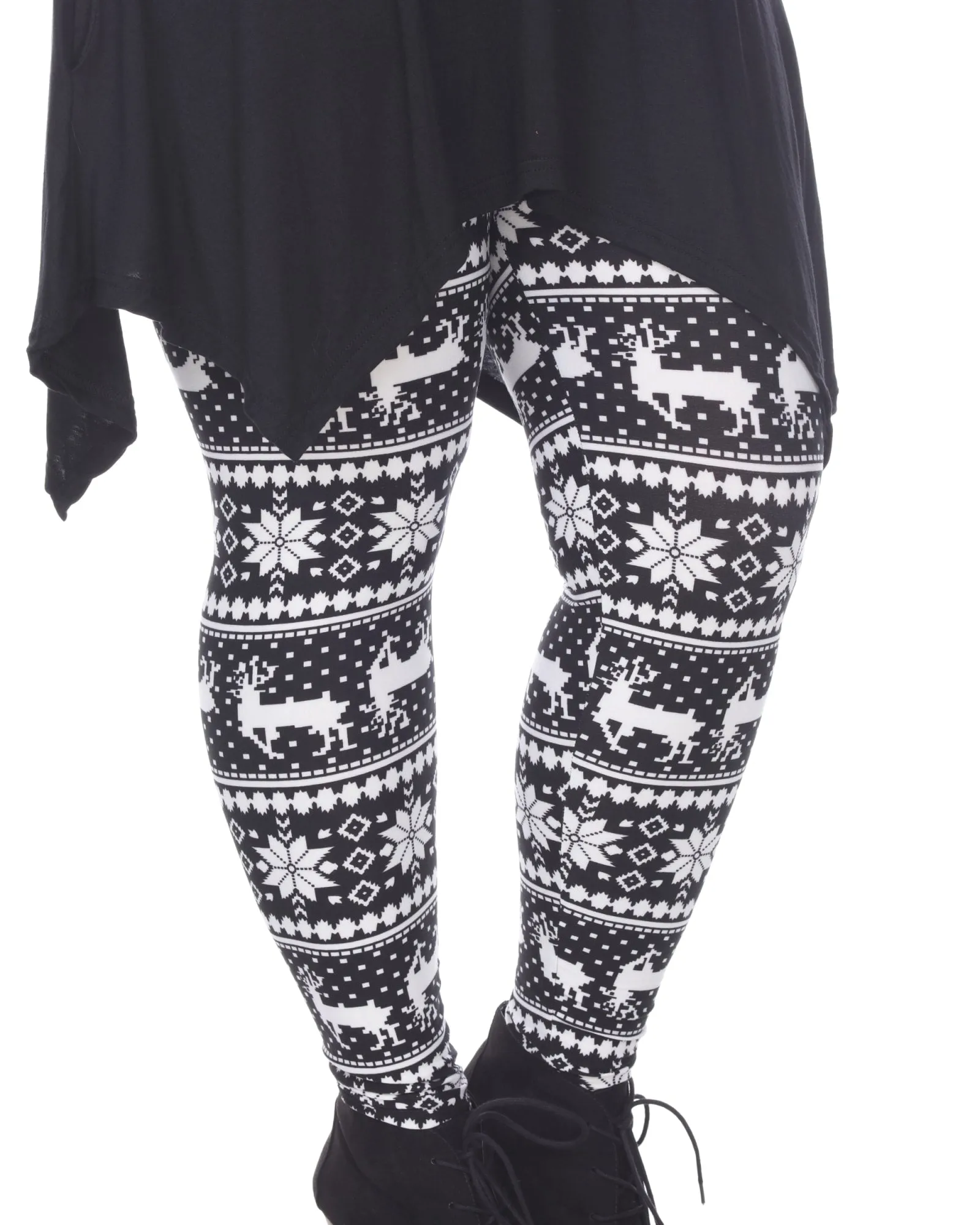 Printed Leggings | Black White Reindeer