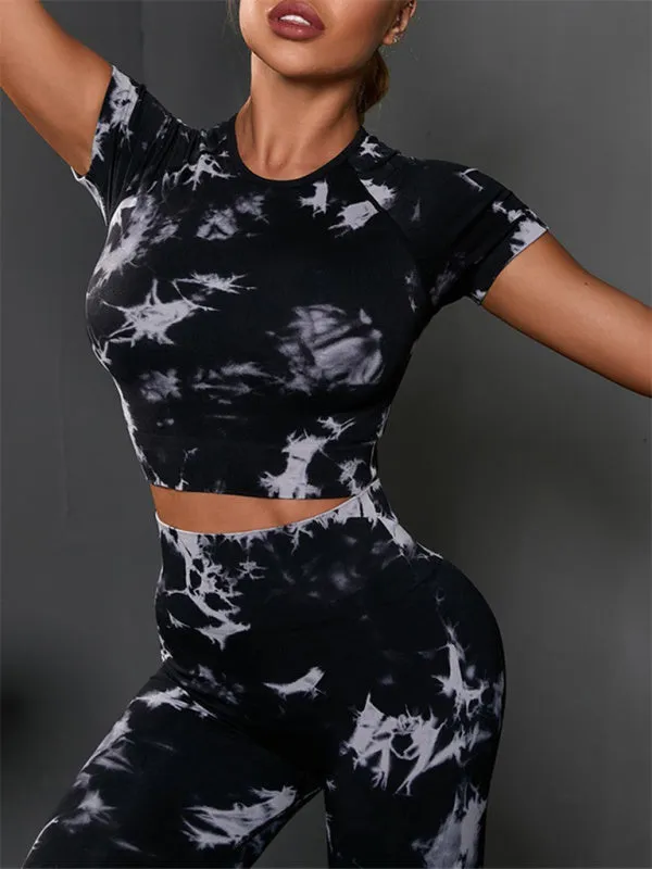 Seamless tie-dye sports yoga short-sleeved top and leggings two-piece set