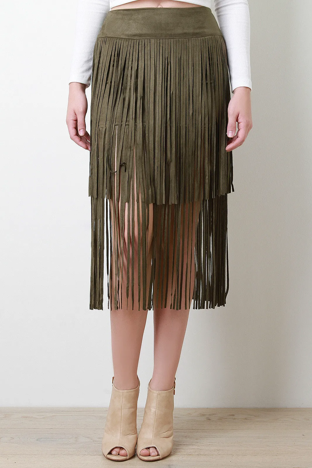 Suede Double Layer Fringe Midi Skirt