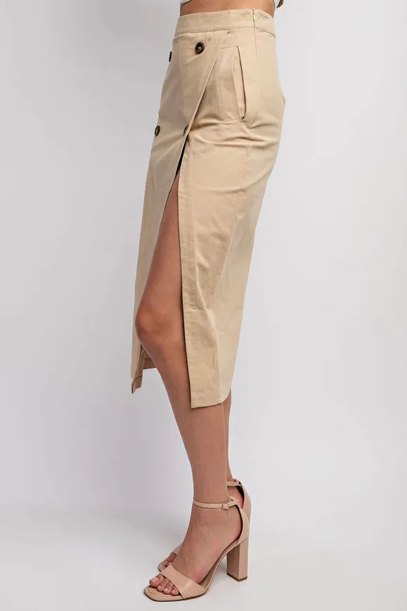 Woven Midi Skirt with Button Detail Taupe