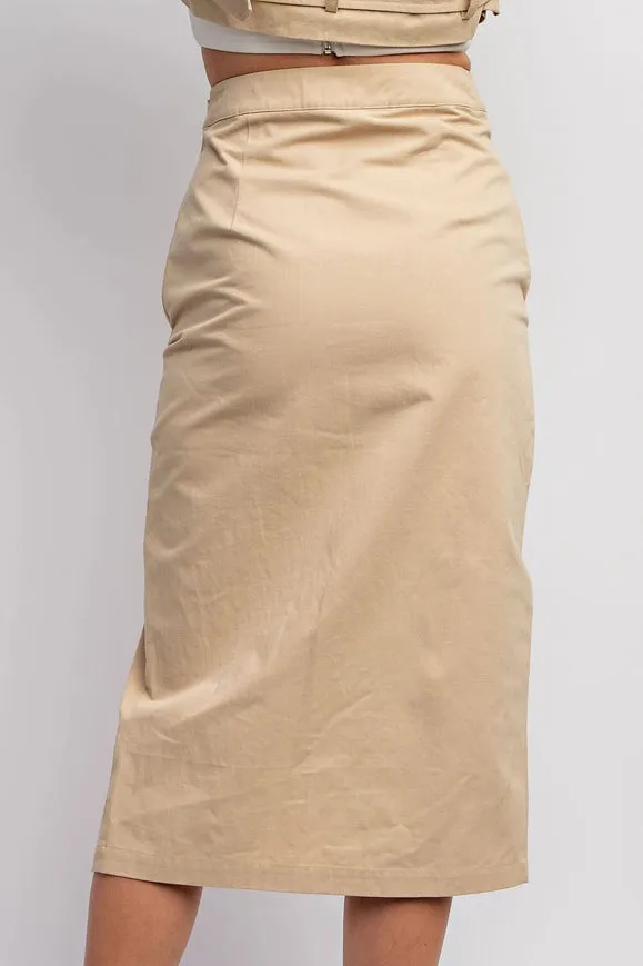 Woven Midi Skirt with Button Detail Taupe